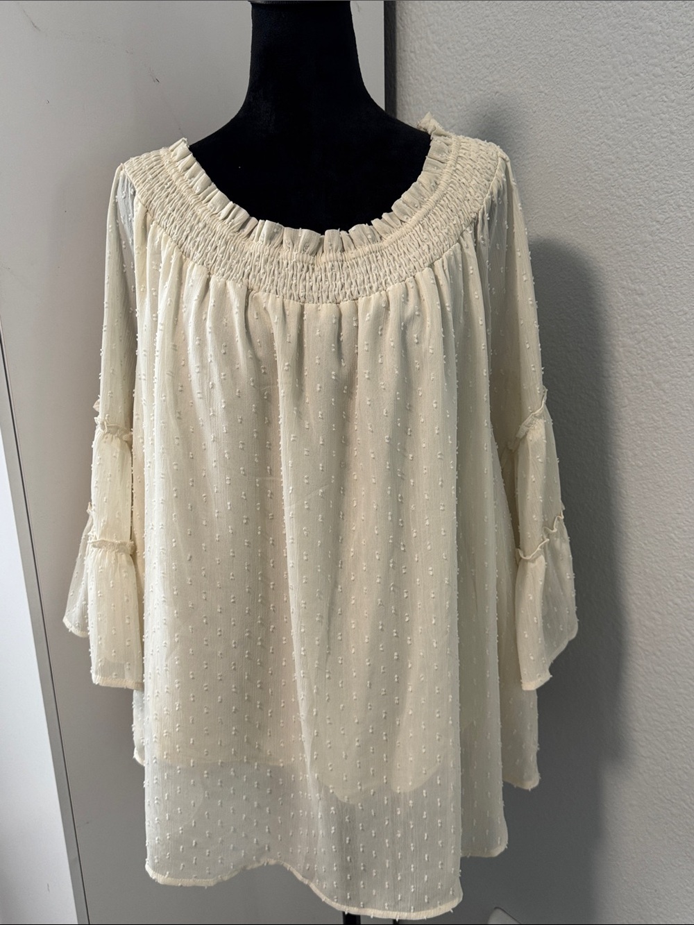 Chic Soul Cream Swiss Dot Smocked-Neck Peasant Blouse